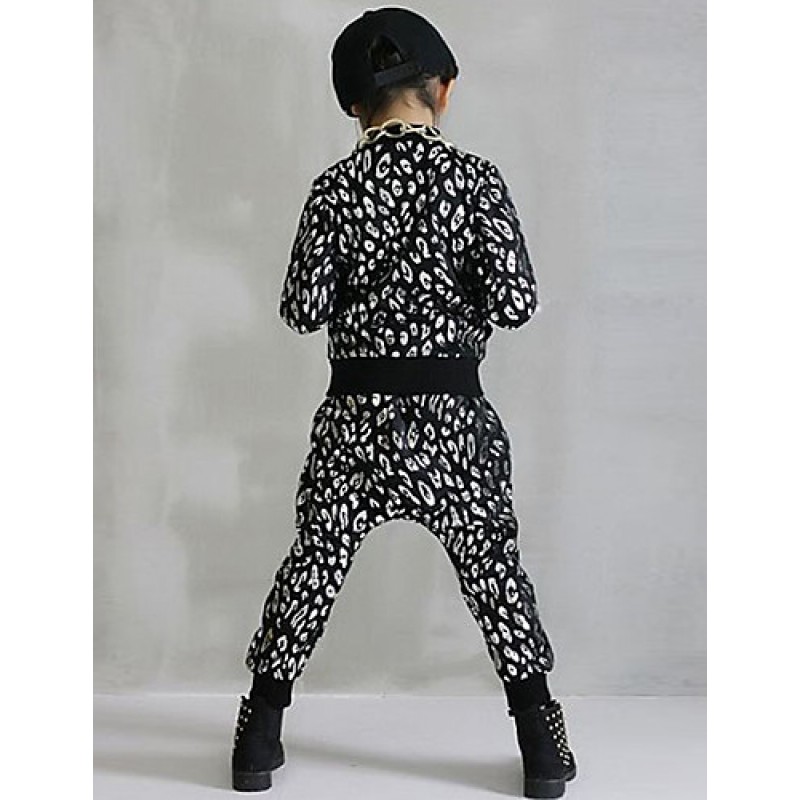 Girl's Cotton Spring/Autumn Leopard Print Hip-hop Costume Long Sleeve Coat And Hallen Pants Sport Suit Two-piece Set  