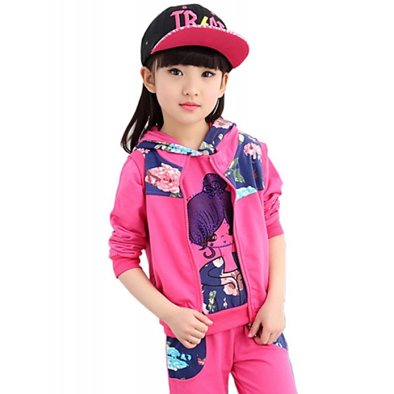 Girl's Cotton Spring/Autumn Cartoon Printed Hoodies Pants Three-piece Set  