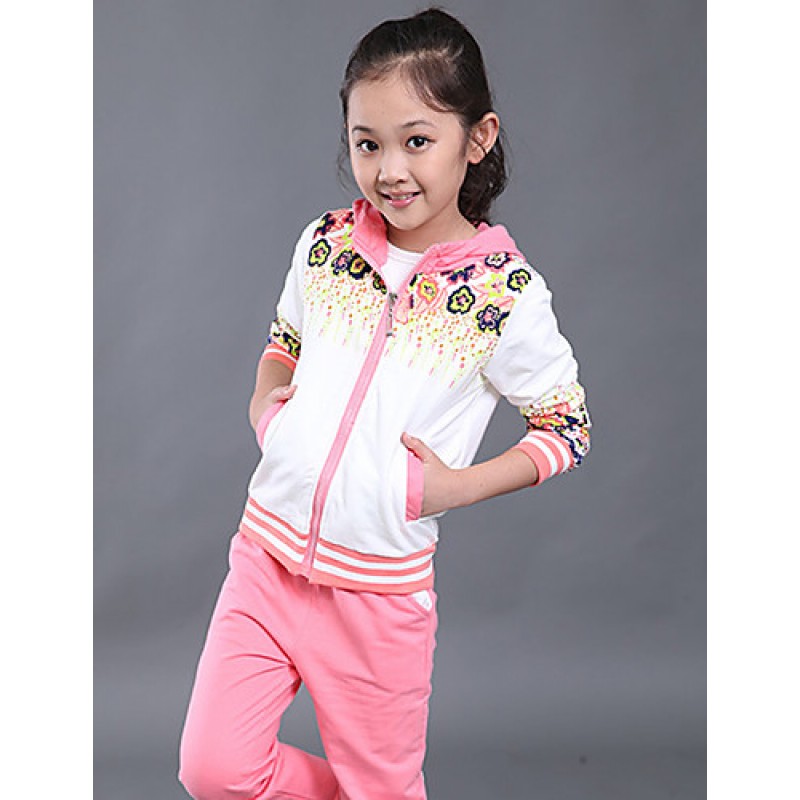 Girl's Cotton Spring/Autumn Sport Suit Set Floral Zipper Kids Hoodies And Pants Three-piece Set  