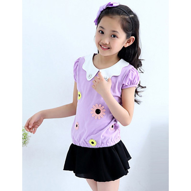 Girl's Cotton Summer Flower Adornment Doll Collar Short Sleeve Tee  