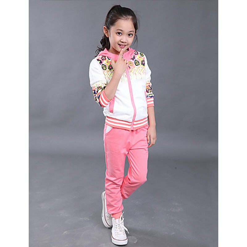 Girl's Cotton Spring/Autumn Sport Suit Set Floral Zipper Kids Hoodies And Pants Three-piece Set  