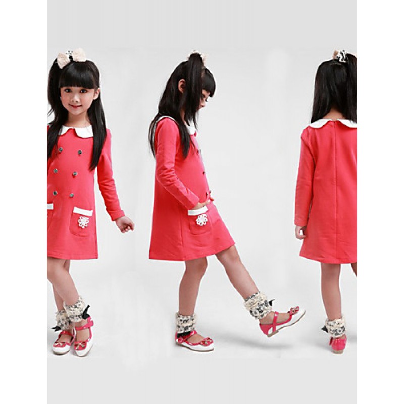 Girl's Cotton/Polyester Sweet Double Row Buttons Doll Collar Long Sleeve Dress  