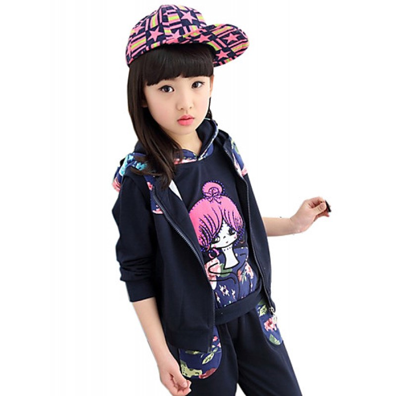 Girl's Cotton Spring/Autumn Cartoon Printed Hoodies Pants Three-piece Set  