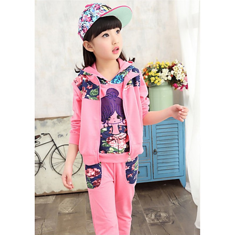 Girl's Cotton Spring/Autumn Cartoon Printed Hoodies Pants Three-piece Set  