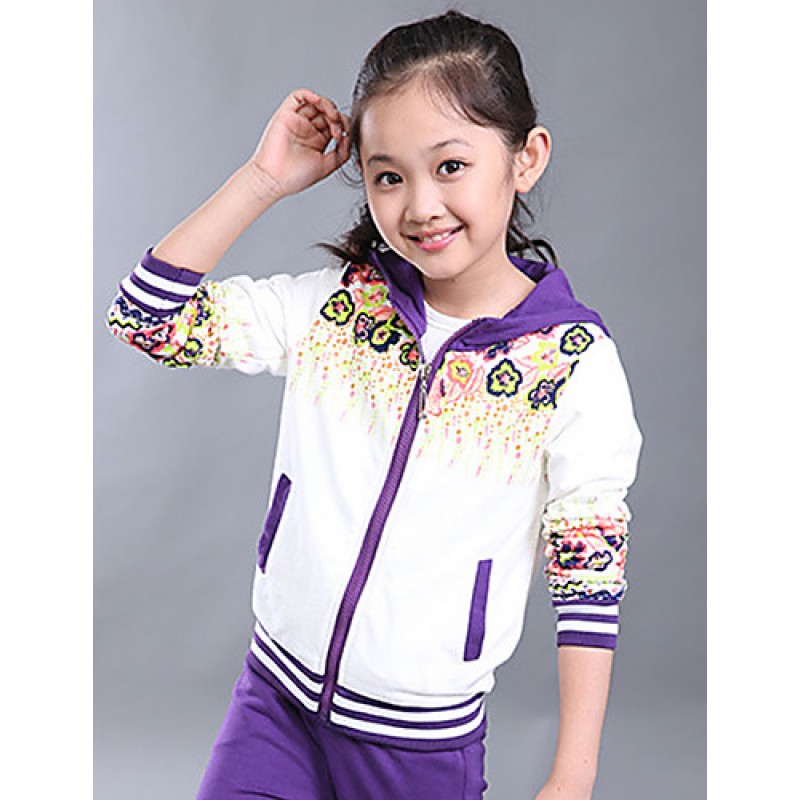 Girl's Cotton Spring/Autumn Sport Suit Set Floral Zipper Kids Hoodies And Pants Three-piece Set  