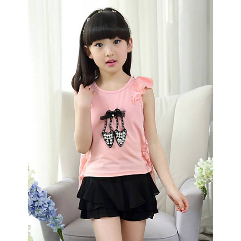 Girl's Cotton Summer High-heeled Shoes Adornment Lace Coattail Short Sleeve Tee  