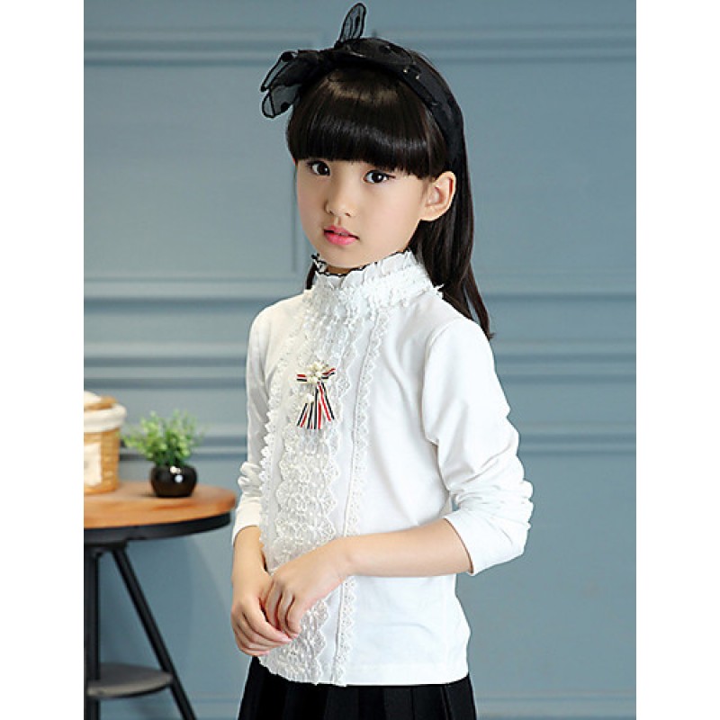 Girl's Cotton Spring/Autumn Fashion Solid Color Long Sleeve Ruffle Collar Lace Base Shirt Blouse Casual/Daily Clothes  