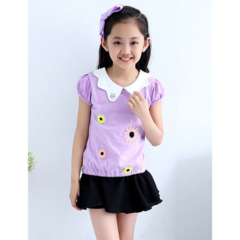 Girl's Cotton Summer Flower Adornment Doll Collar Short Sleeve Tee  