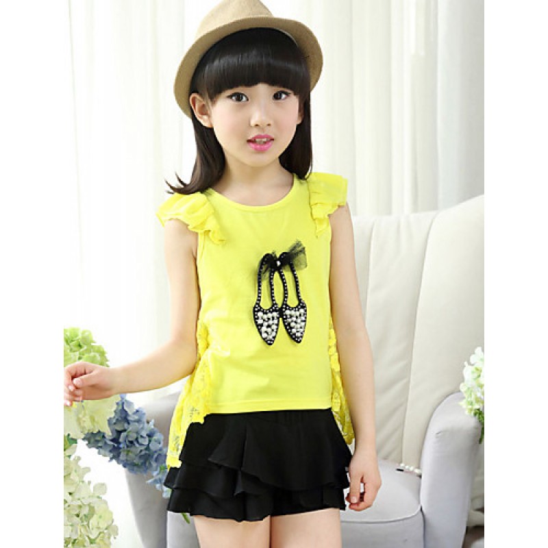 Girl's Cotton Summer High-heeled Shoes Adornment Lace Coattail Short Sleeve Tee  