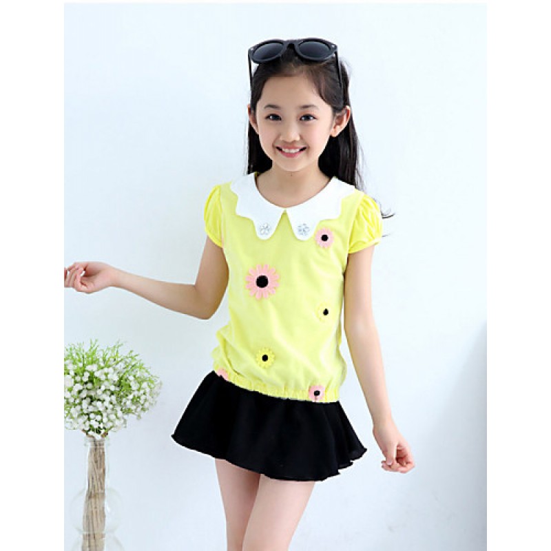 Girl's Cotton Summer Flower Adornment Doll Collar Short Sleeve Tee  