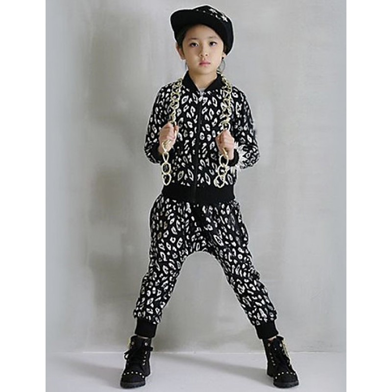 Girl's Cotton Spring/Autumn Leopard Print Hip-hop Costume Long Sleeve Coat And Hallen Pants Sport Suit Two-piece Set  